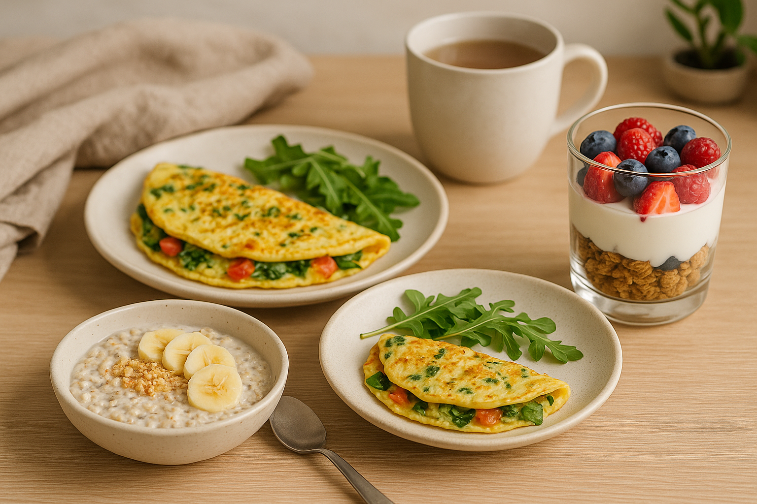 Simple and nourishing breakfast options: overnight oats, vegetable omelet, Greek yogurt parfait