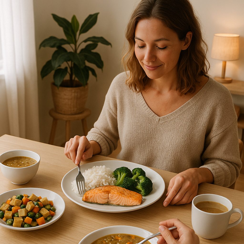 Dinner as a moment for nourishment and reconnection: baked salmon with broccoli and rice, vegetable stir-fry with tofu, lentil soup