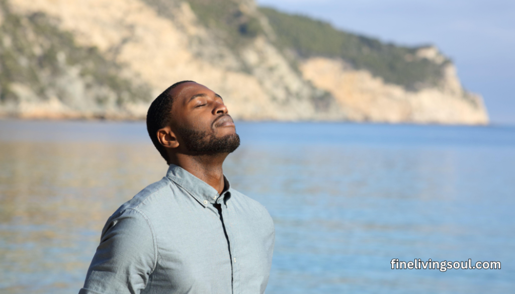 man taking deep breath as a sign of calm