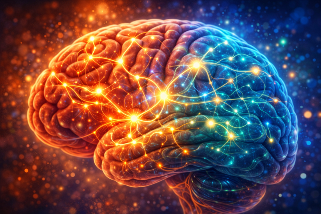Close-up of human brain with glowing neural pathways symbolizing neuroplasticity
